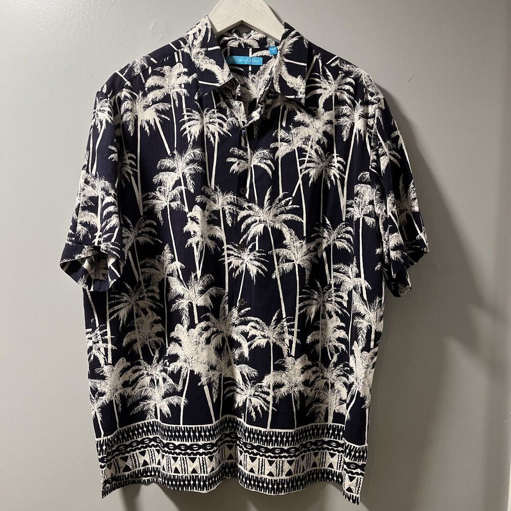 Tori Richards Mens Large Aloha Shirt Palm Trees Navy Blue - Very Excellent Shirt